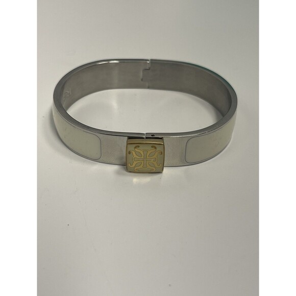 Rustic Cuff Silver Tone Cream Enamel Hindged Bangle Bracelet New - Picture 6 of 11